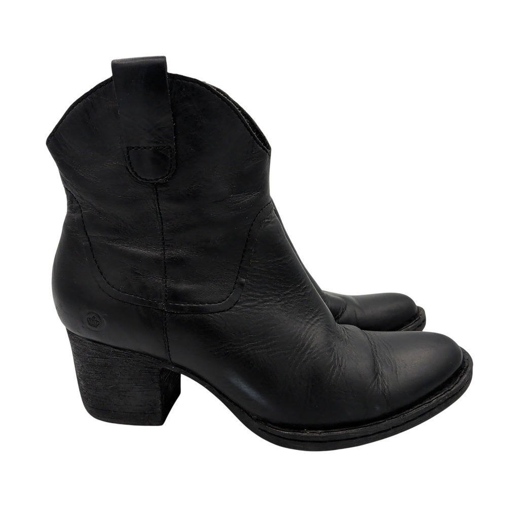 Born Black Leather Western Ankle Boots Side Zip Block Heel Womens 7.5 M D15202